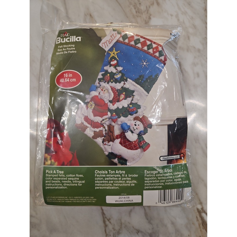 "PICK A TREE" CHRISTMAS STOCKING Santa & Snowman - Felt Applique Kit by Bucilla